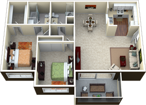 Floor plan for 2 beds, 2 baths, 1151 sqft